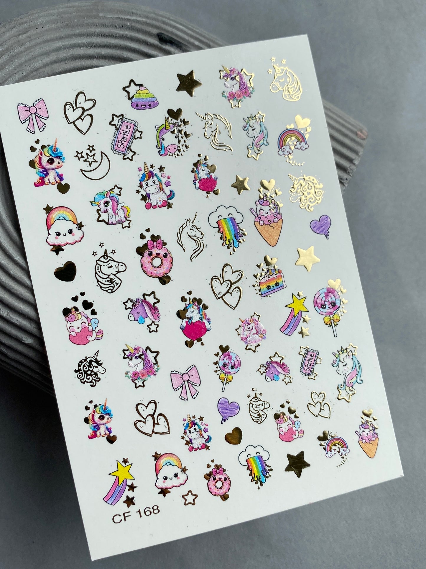 Nagel Wasserabziehbild CF-168 | Niedliche Einhorn Nagelkunst Wasserabziehbilder | Regenbögen, Sterne & Süßigkeiten