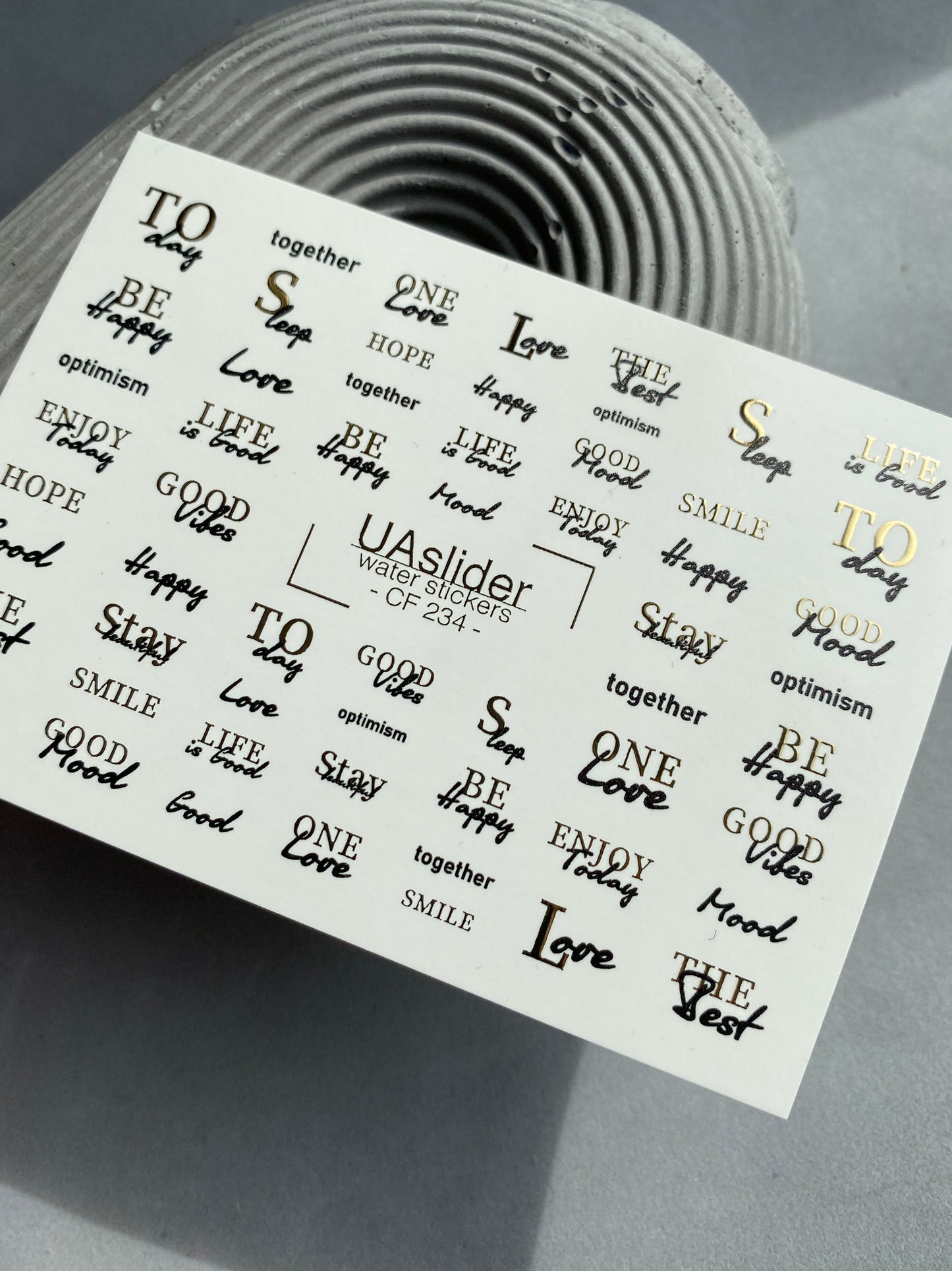 Nagel Wasserabziehbild CF-234 | Schriftzug Wasser-Schiebefolien Nagelabziehbilder | Positive Zitate & Goldene Details