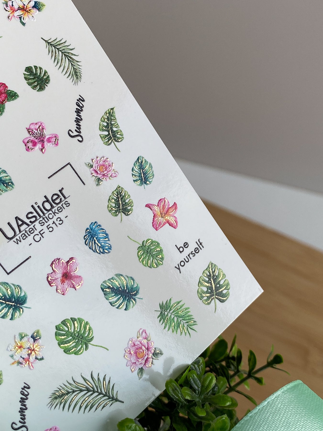 Nagel Wasserabziehbild CF-513 | Wasserabzieh-Nagelaufkleber mit tropischen Blättern & Sommerblumen | Exotische Nagelkunst