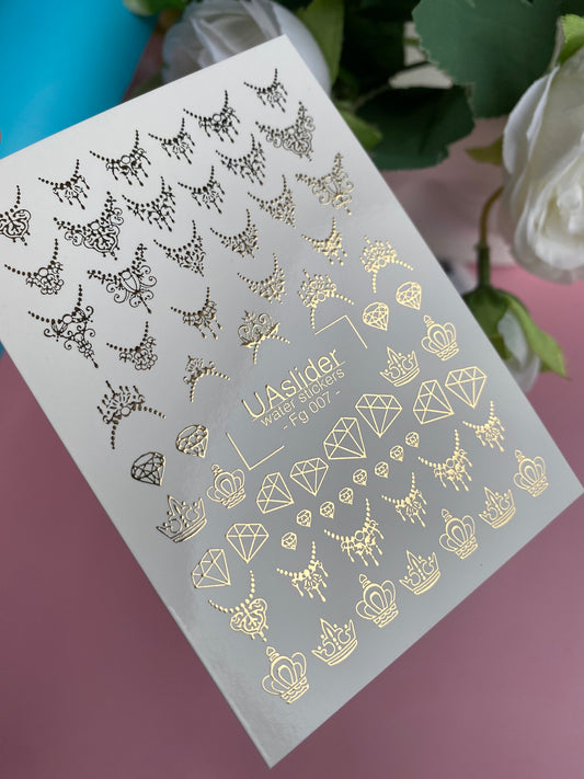 Nagel Water Decal Fg-007 | Luxe Water Slide Nagel Decals met Goudfolie | Kronen, Diamanten & Ornamenten