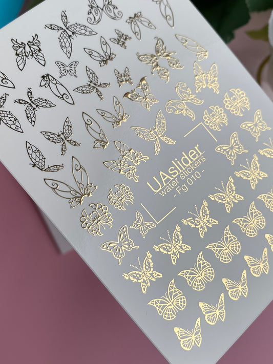Nagel Water Decal Fg-010 | Vlinder Water Slide Nagel Decals met Goudfolie | Elegante Insectenontwerpen