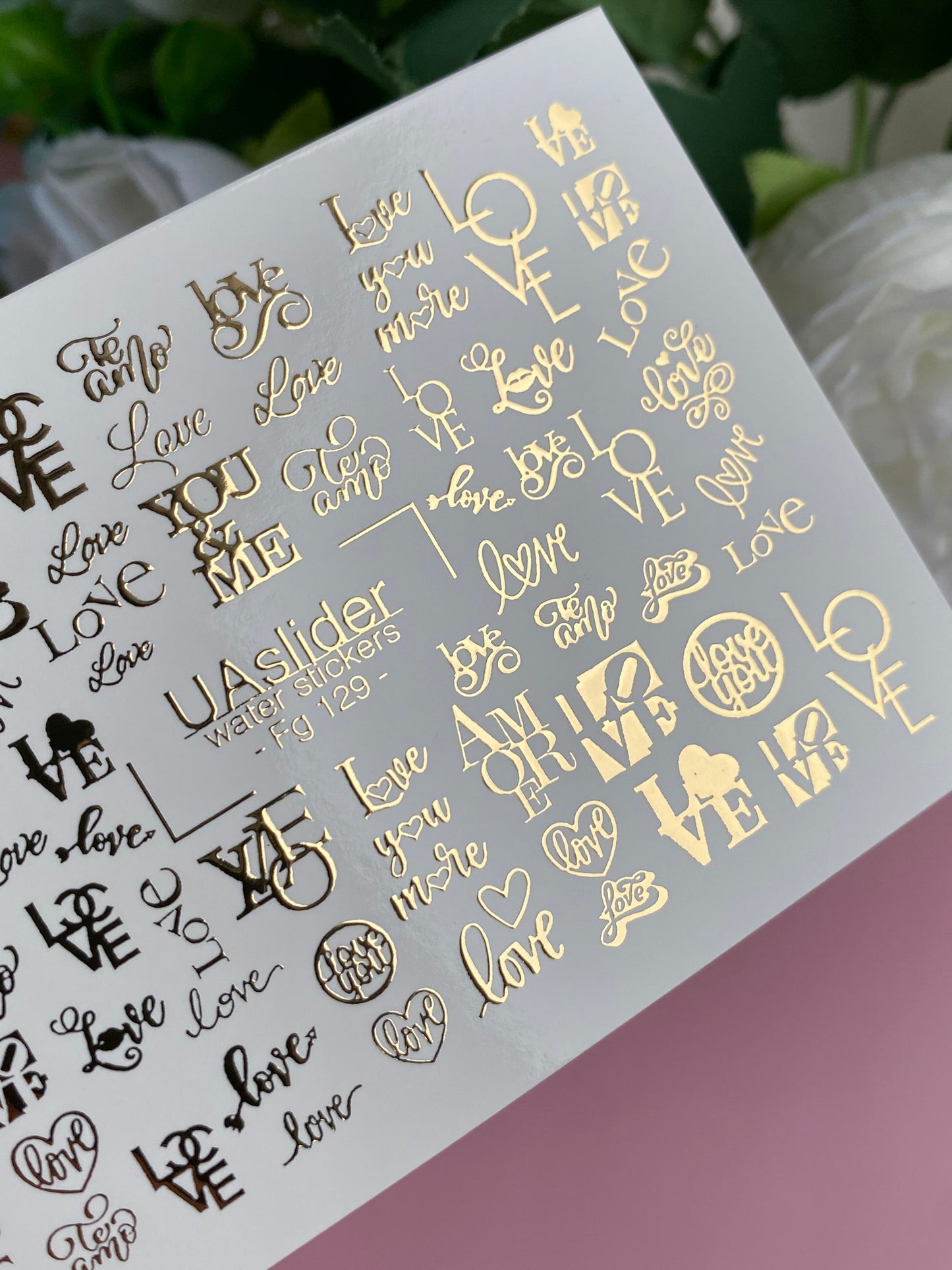 Nagel Water Decal Fg-129 | Water Slide Nagelstickers met Gouden Liefdesletters | Romantische Nagelkunst