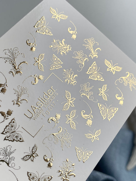 Nagel Water Decal Fg-017 | Vlinder Water Slide Nagel Decals met Goudfolie | Ornamentale Elegante Ontwerpen