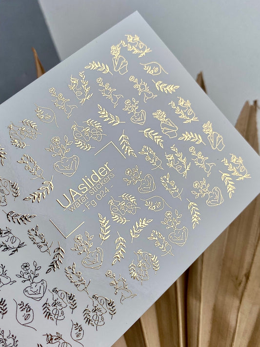 Nagel Water Decal Fg-024 | Minimalistische Water Slide Nagel Decals met Goudfolie | Gezichten, Bloemen & Botanische Motieven