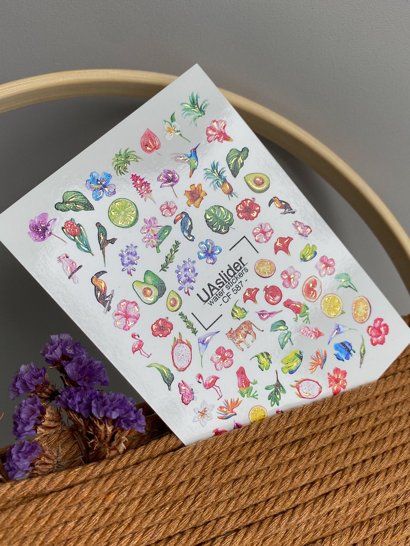 Nagel-Wasserabziehbild CF-587 | Tropische Nagel-Wasserabziehbilder mit exotischen Blumen und Früchten | Flamingo-, Tukan- & Kolibri-Nagelsticker
