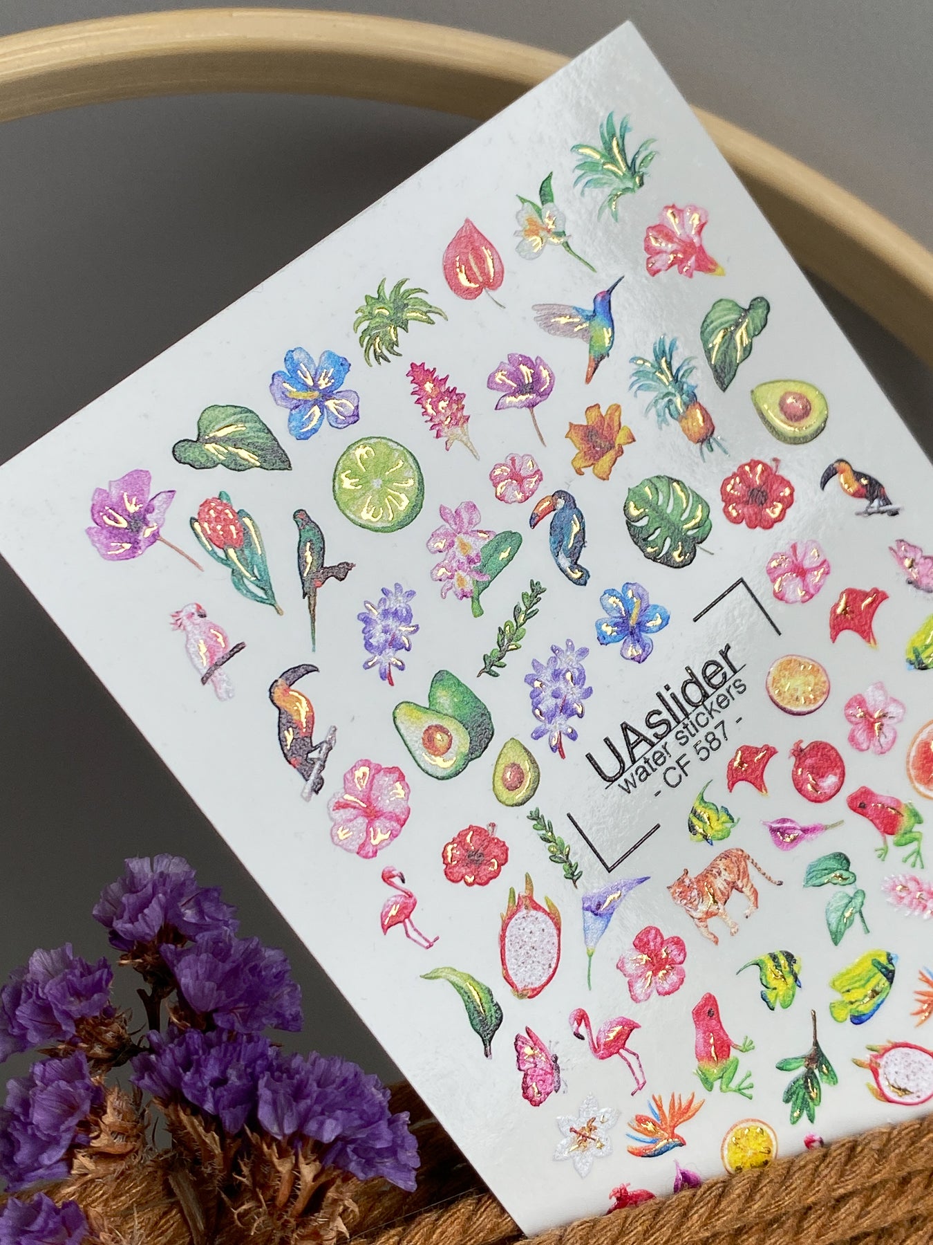 Nagel-Wasserabziehbild CF-587 | Tropische Nagel-Wasserabziehbilder mit exotischen Blumen und Früchten | Flamingo-, Tukan- & Kolibri-Nagelsticker