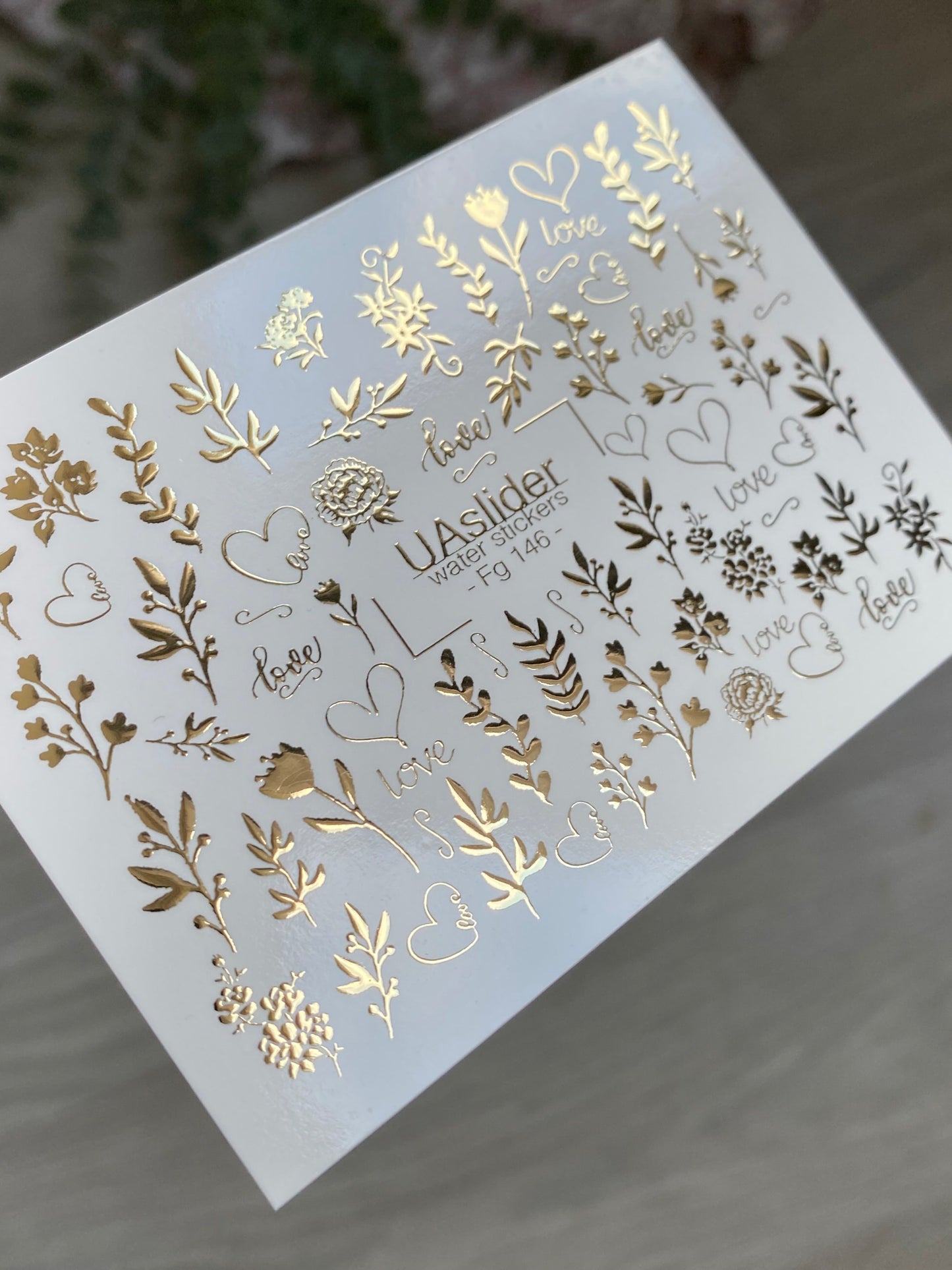 Nagel Water Decal Fg-146 | Water Slide Nagel Decals met Gouden Liefdesletters en Bloemrijke Takken | Romantische Nagelkunst