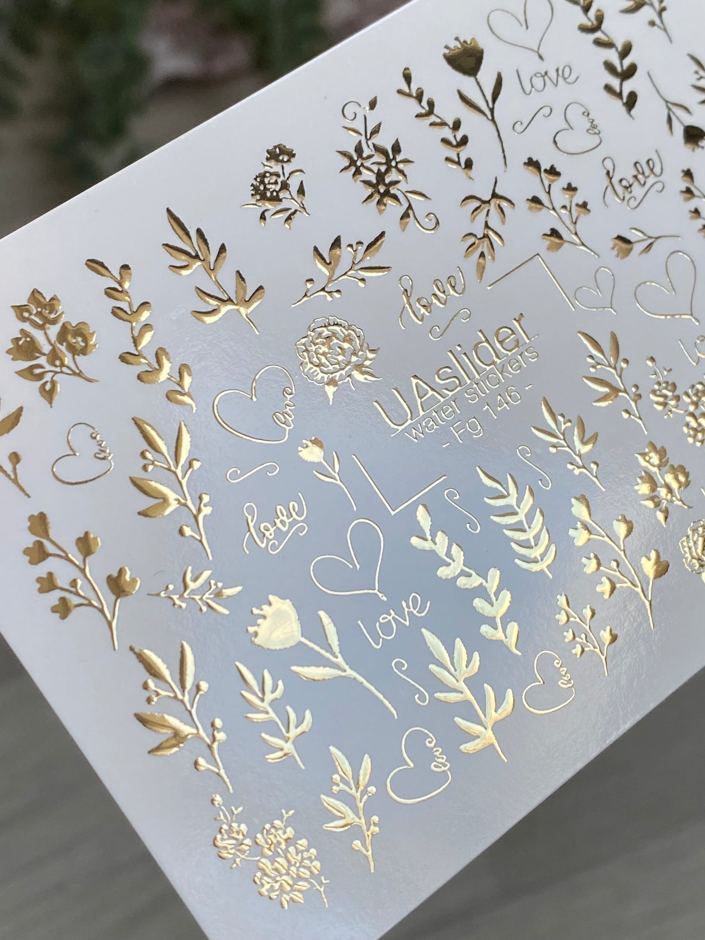 Nagel Water Decal Fg-146 | Water Slide Nagel Decals met Gouden Liefdesletters en Bloemrijke Takken | Romantische Nagelkunst