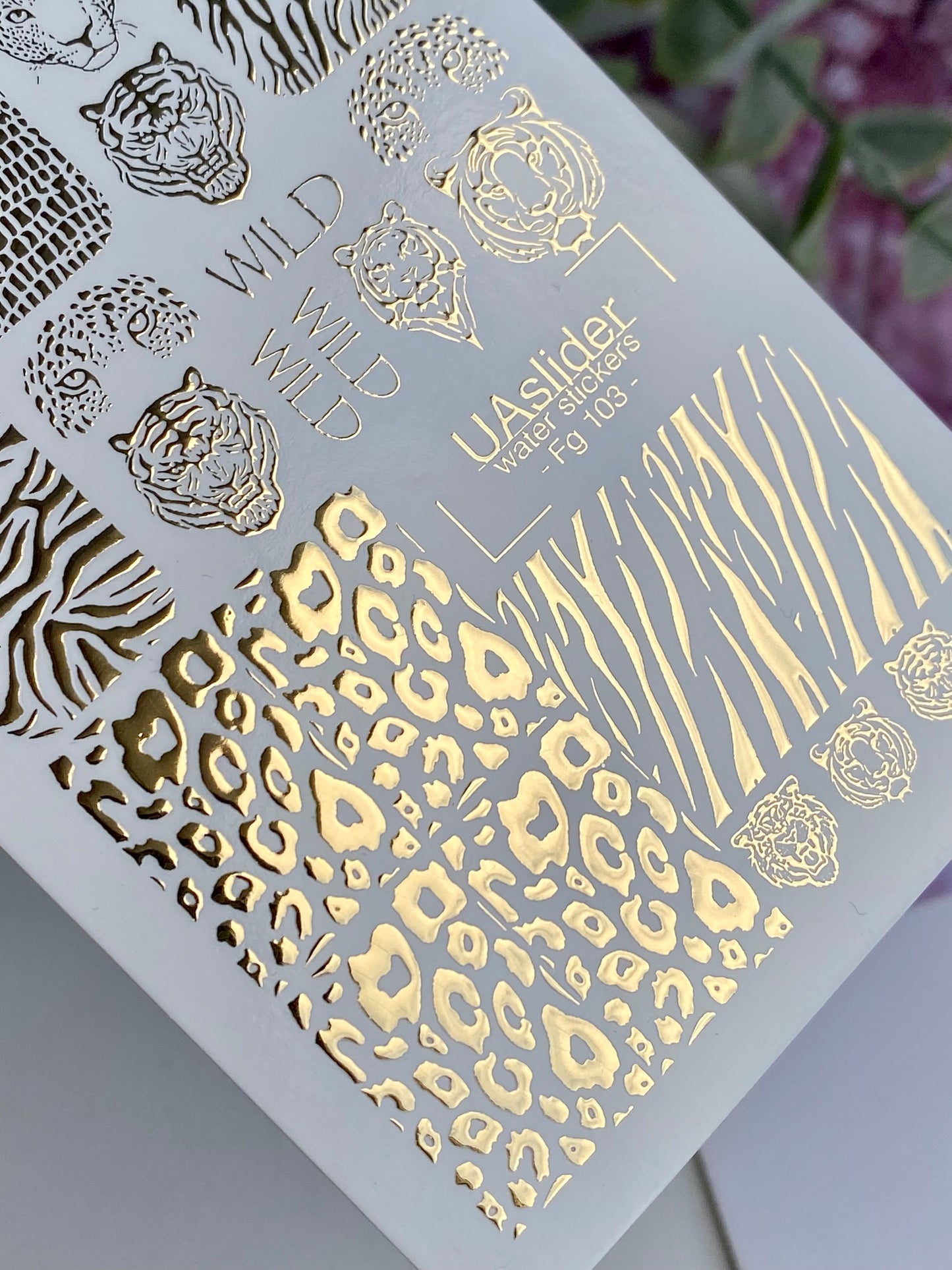 Nagel-Wasserabziehbild Fg-103 | Wasserfolien-Nagelaufkleber mit goldenem Tierdruck | Wilder Dschungelstil