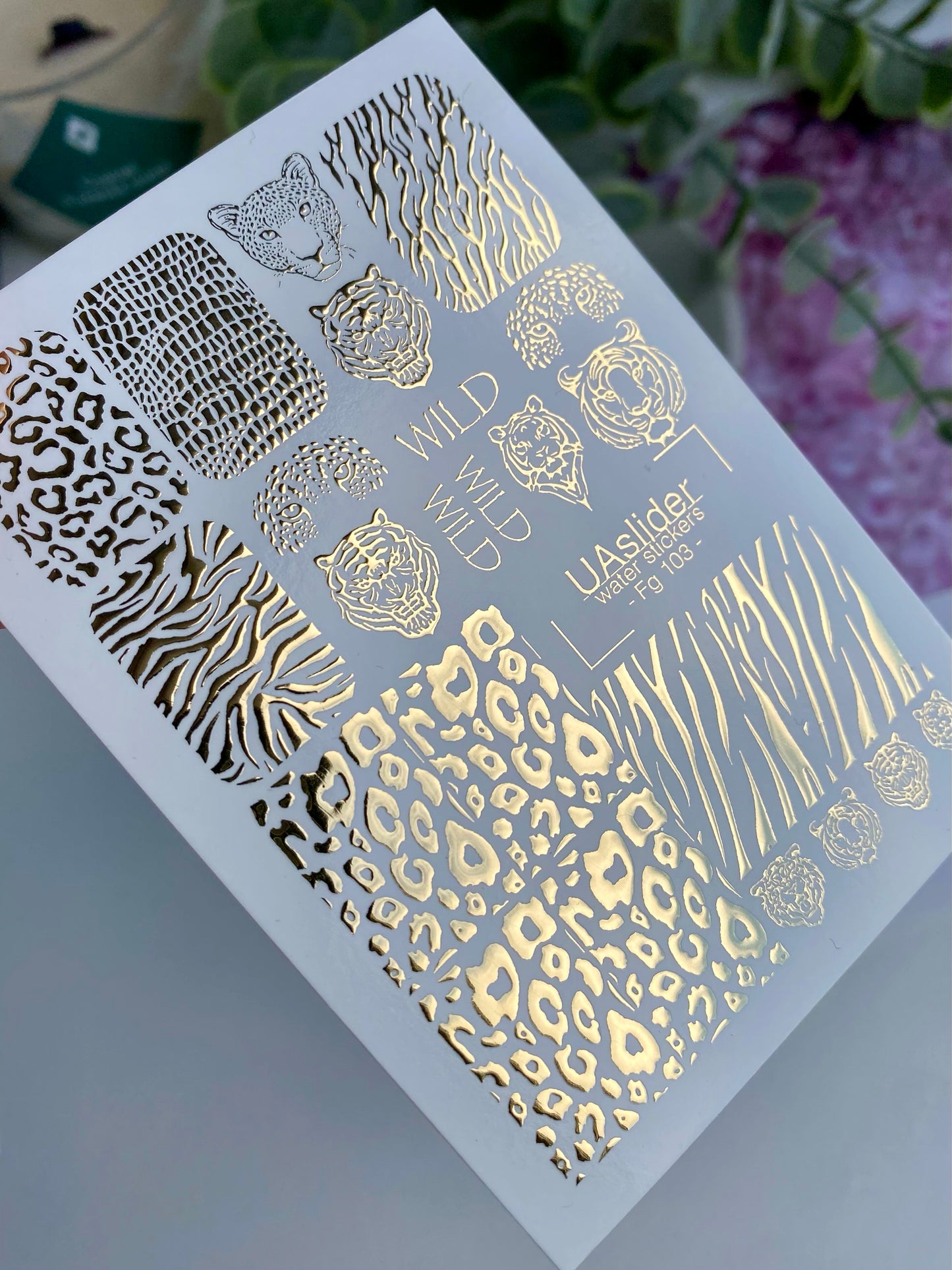 Nagel-Wasserabziehbild Fg-103 | Wasserfolien-Nagelaufkleber mit goldenem Tierdruck | Wilder Dschungelstil