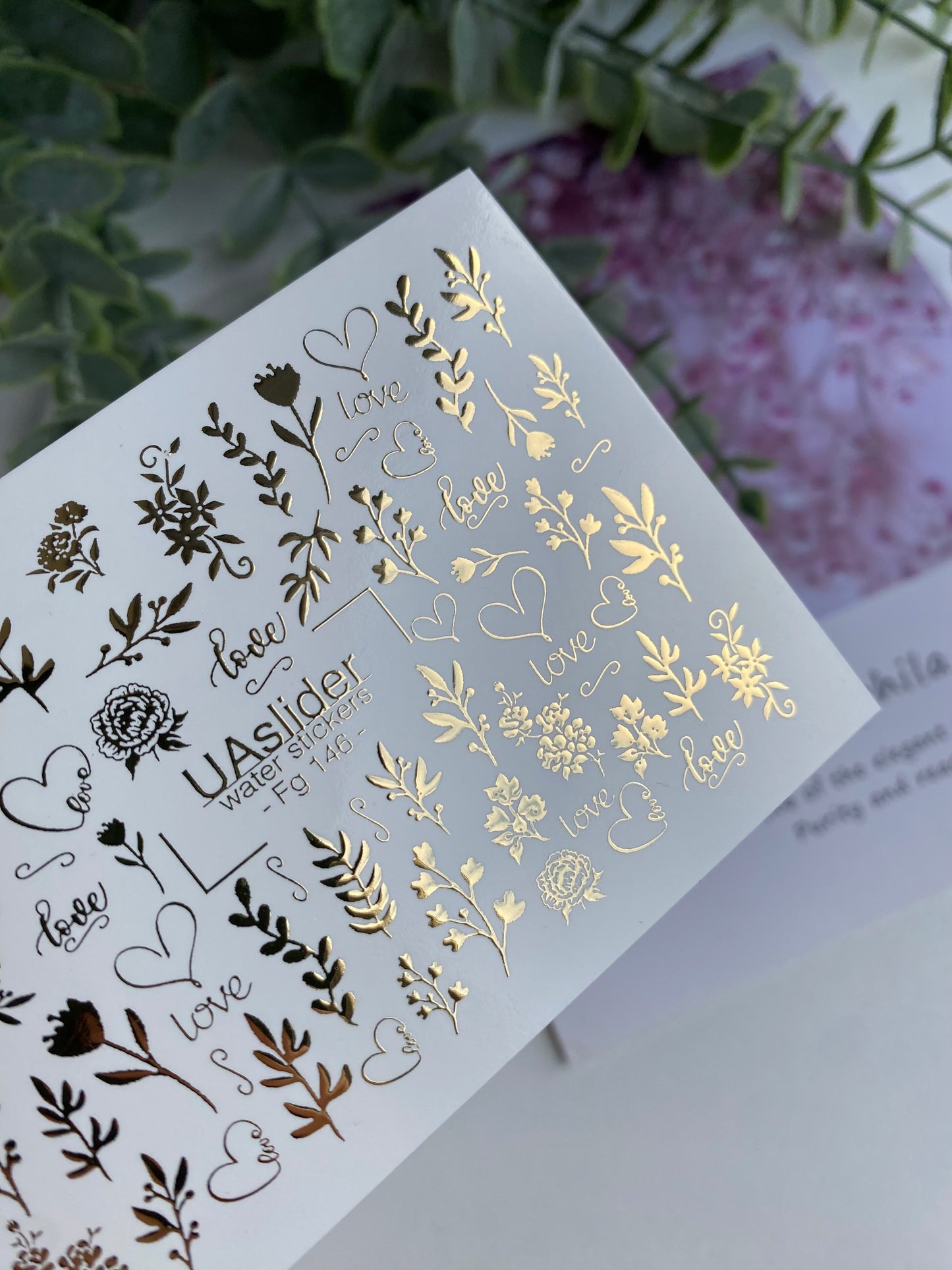 Nagel Water Decal Fg-146 | Water Slide Nagel Decals met Gouden Liefdesletters en Bloemrijke Takken | Romantische Nagelkunst