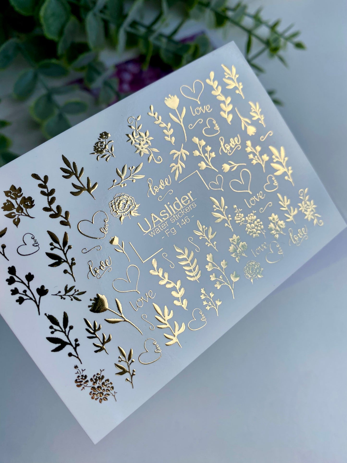 Nagel Water Decal Fg-146 | Water Slide Nagel Decals met Gouden Liefdesletters en Bloemrijke Takken | Romantische Nagelkunst
