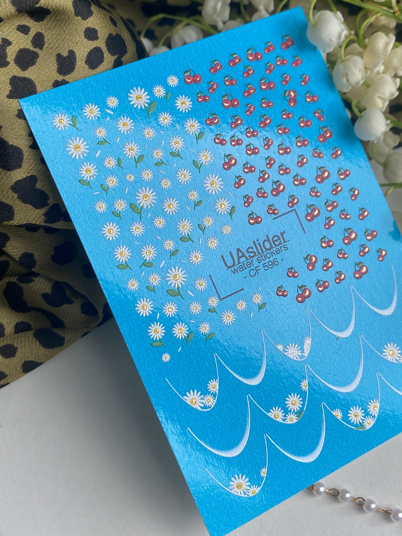 Nagel Wasserabziehbild CF-596 | Kirsch- & Gänseblümchen Wasser-Schiebefolien Nagelabziehbilder | Sommer Französische Nagelaufkleber
