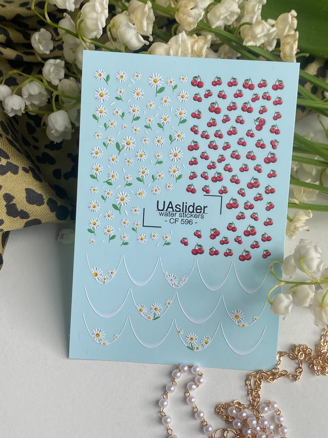 Nagel Wasserabziehbild CF-596 | Kirsch- & Gänseblümchen Wasser-Schiebefolien Nagelabziehbilder | Sommer Französische Nagelaufkleber