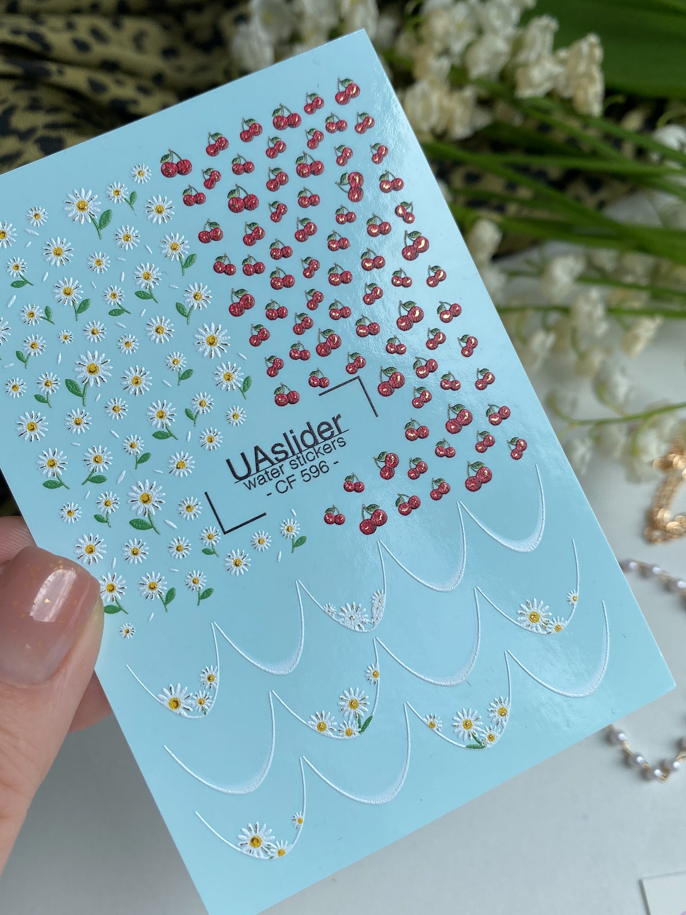 Nagel Wasserabziehbild CF-596 | Kirsch- & Gänseblümchen Wasser-Schiebefolien Nagelabziehbilder | Sommer Französische Nagelaufkleber