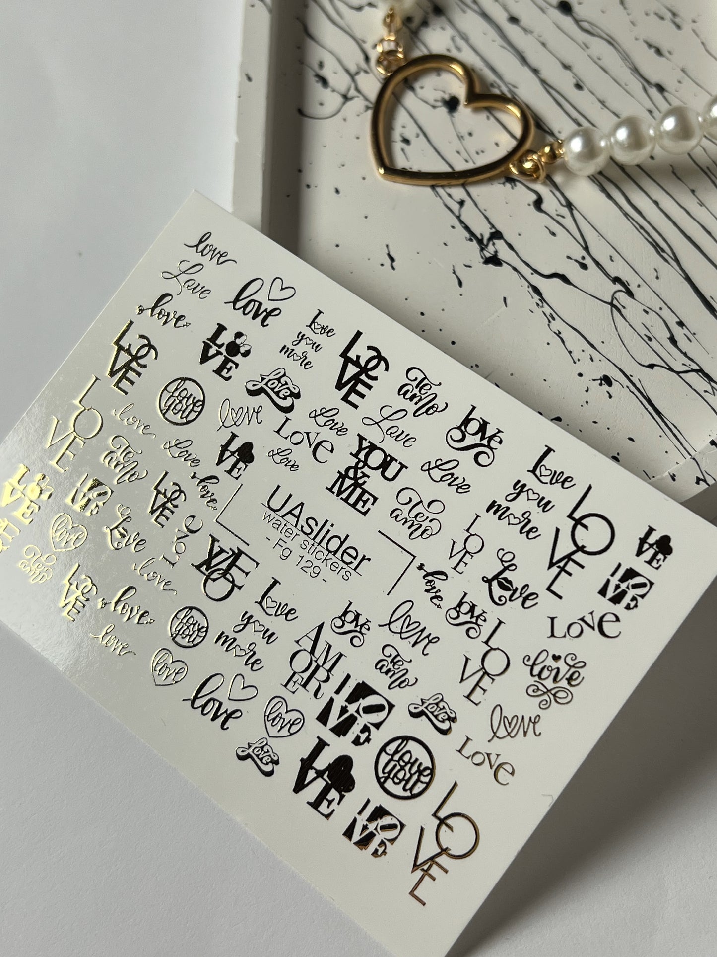 Nagel Water Decal Fg-129 | Water Slide Nagelstickers met Gouden Liefdesletters | Romantische Nagelkunst