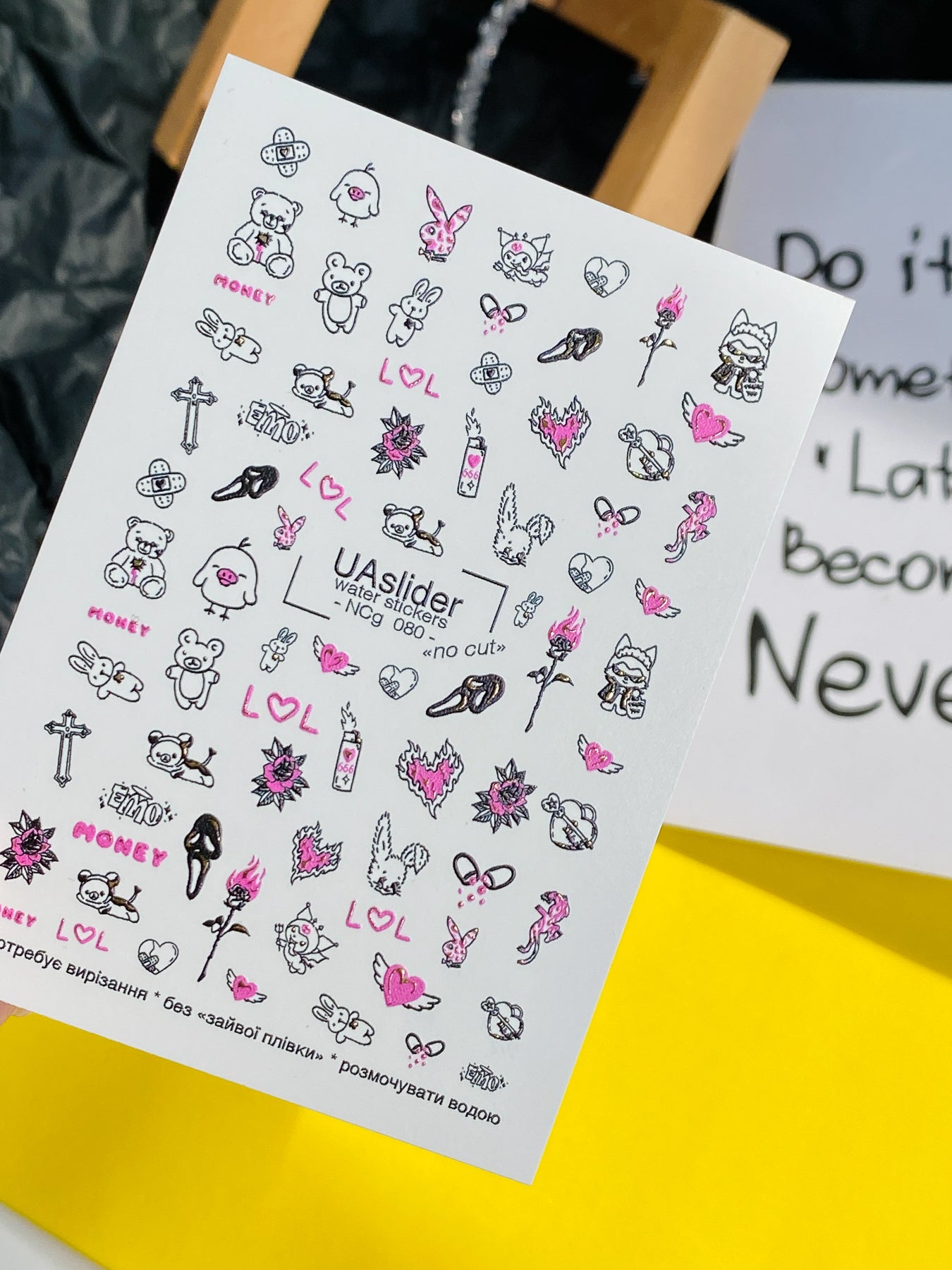 Nálepka na nehty NCg-080 | Vodní nálepky na nehty Emo styl | Medvědi, srdce a roztomilé tmavé ikony