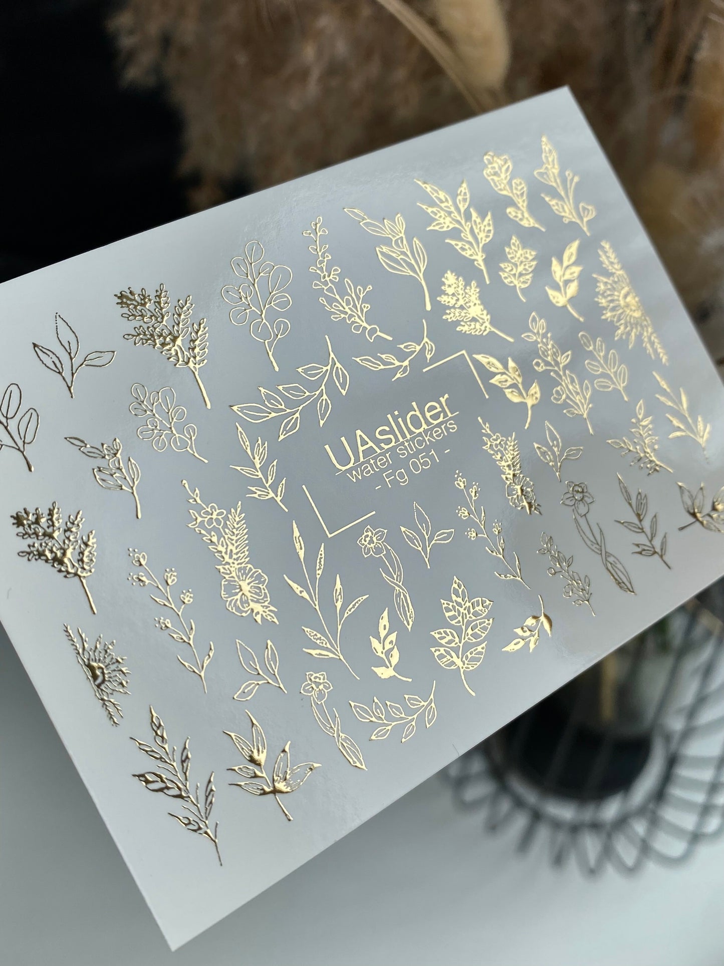 Nagel Wasserabziehbild Fg-051 | Wasserfolien Nagelaufkleber Gold Botanisch | Florale Zweige und Blätter Nagelkunst