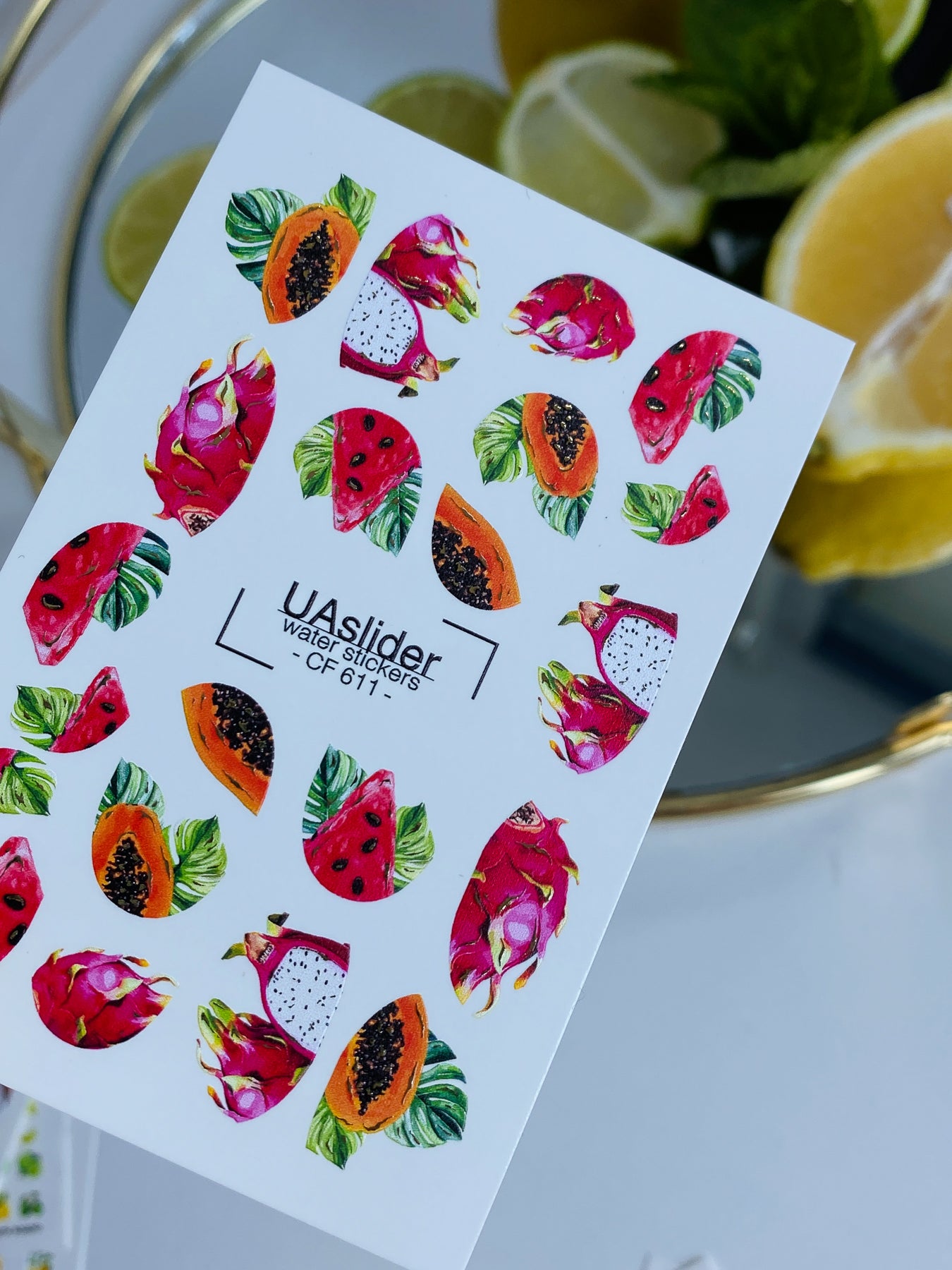 Nagel Wasserabziehbild CF-611 | Exotische Frucht Wassertransfer Nagelabziehbilder | Drachenfrucht, Papaya & Wassermelone