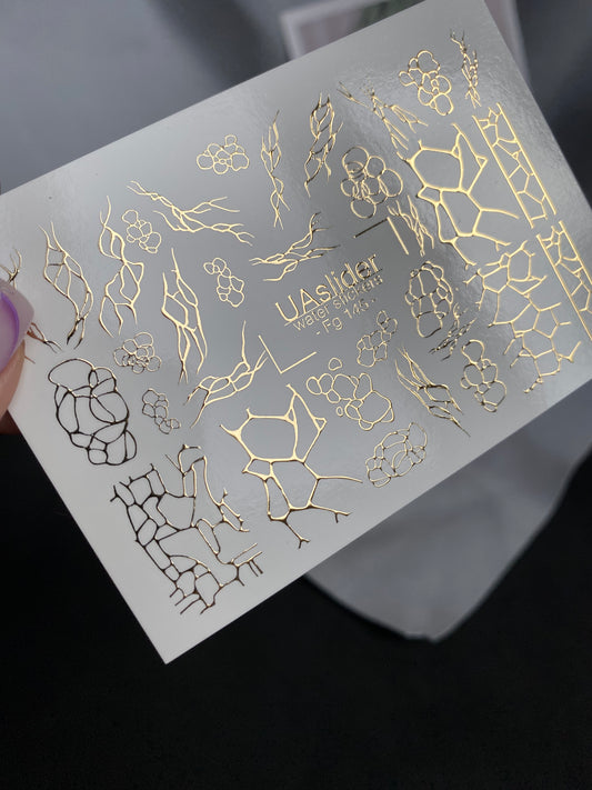 Nail Water Decal Fg-145 | Water Slide Nail Decals with Gold Cracked and Abstract Net Patterns | Modern Nail Art