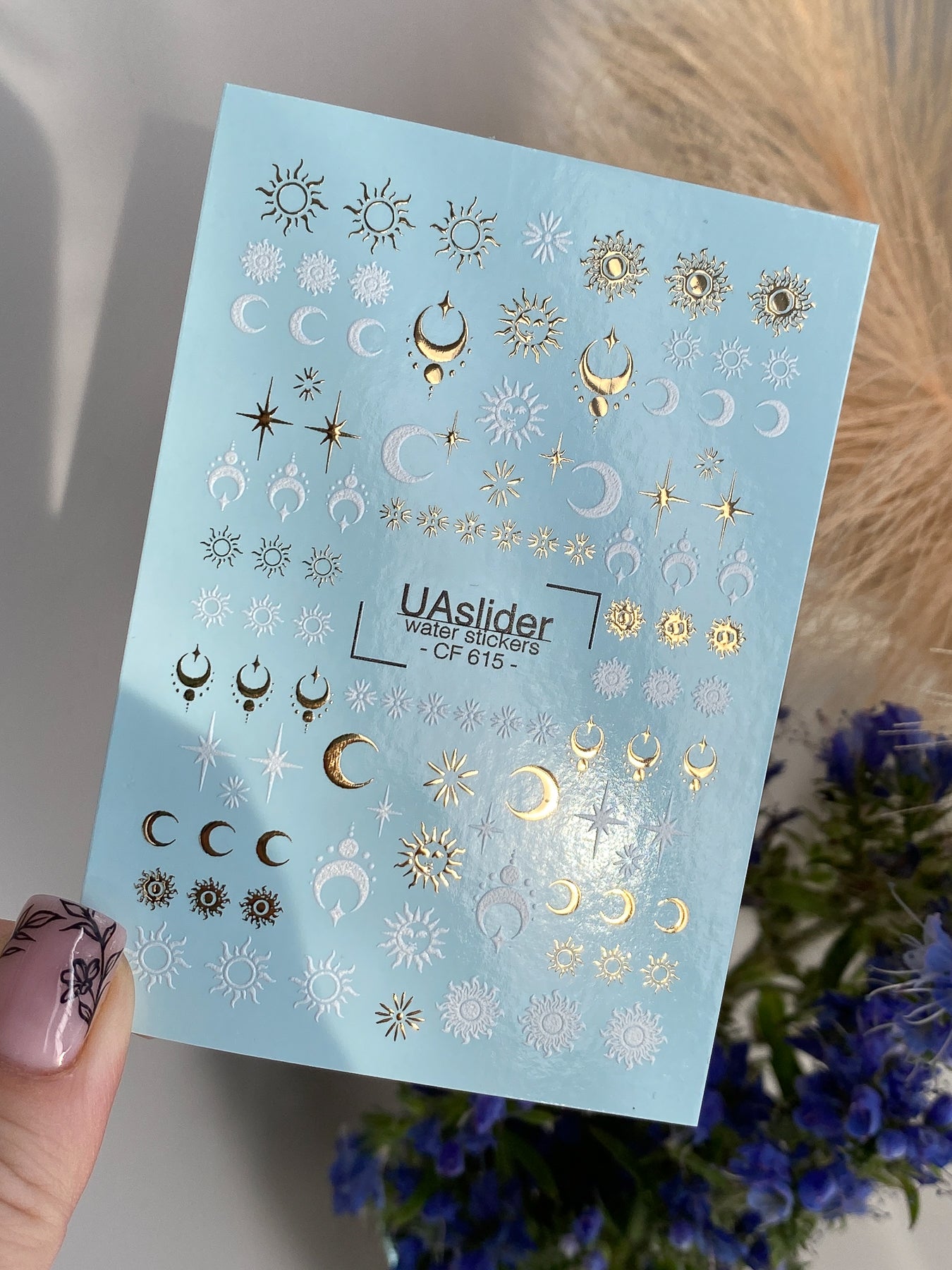 Nagel Wasserabziehbild CF-615 | Himmlische Wasser-Schiebefolien Nagelabziehbilder | Mond, Sonne & Sterne Goldfolie