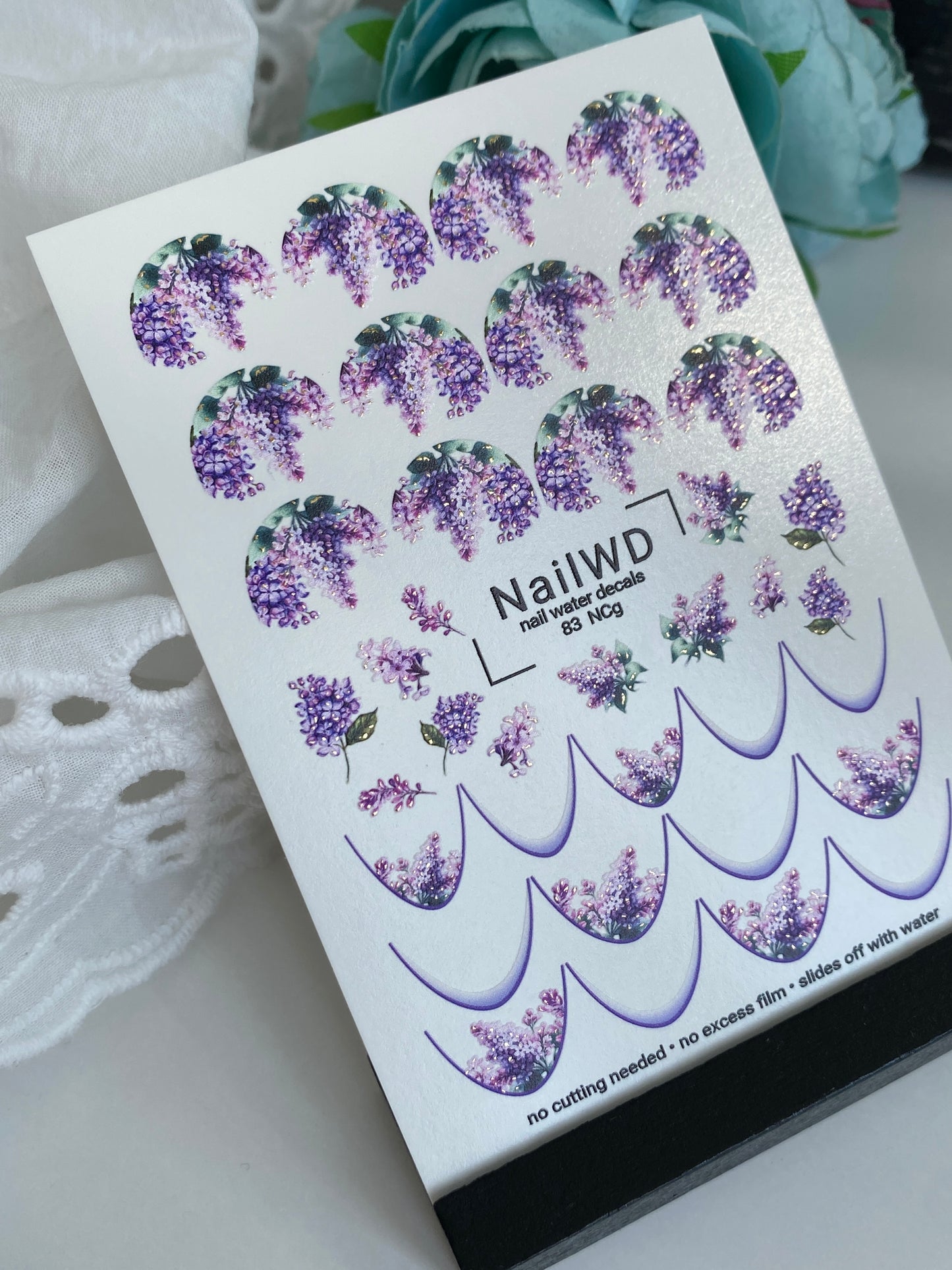 Nagel Wasserabziehbild 83 NailWD | Wasserfolien Nagelabziehbilder Französische Spitzen mit Fliederblumen | Elegante Florale Französisch