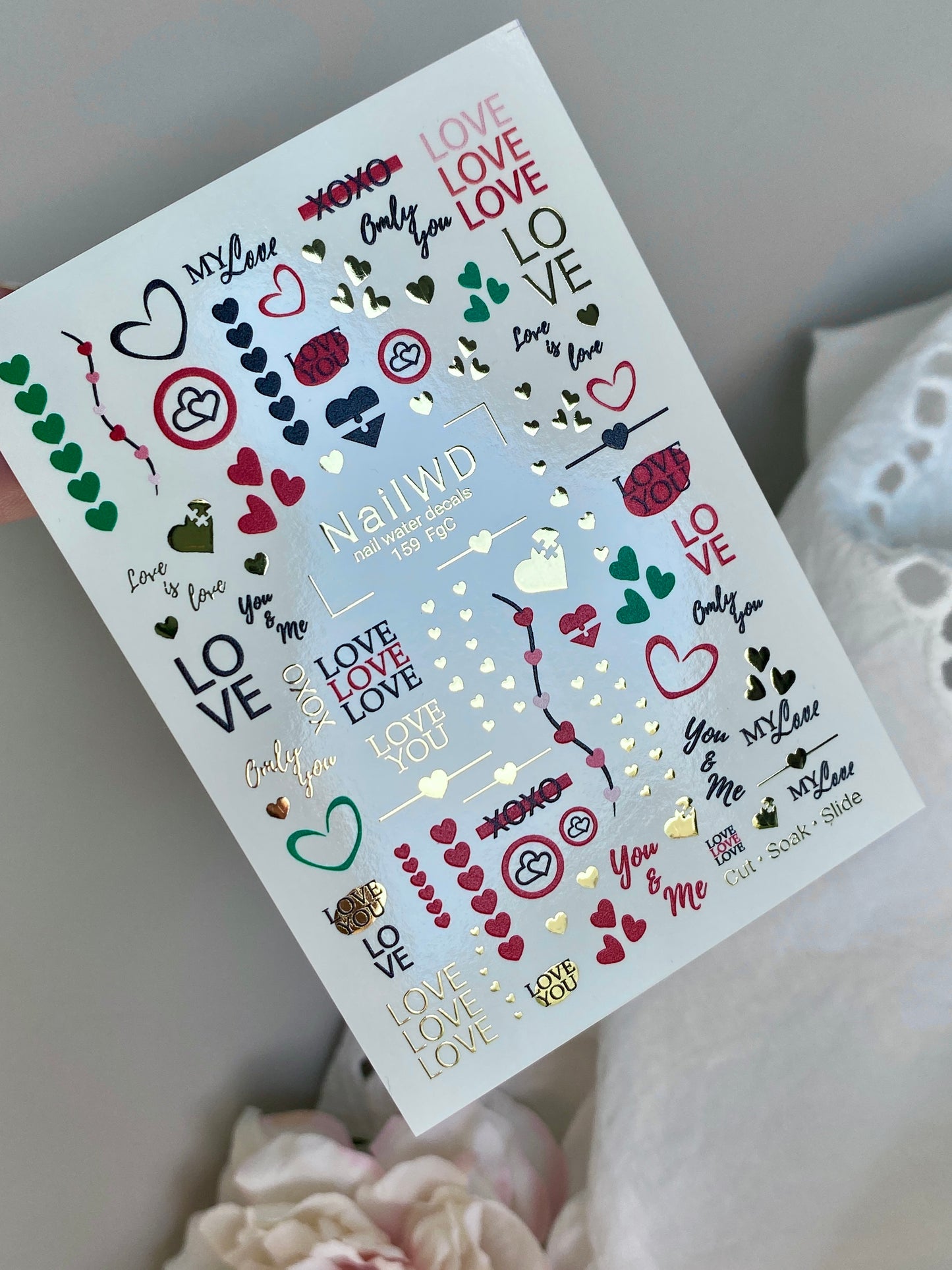 Adesivo de Água para Unhas 159 Nail WD | Adesivos para Unhas com Deslizamento de Água Letras de Amor | Adesivos de Água para Unhas Design de Corações de Dia dos Namorados