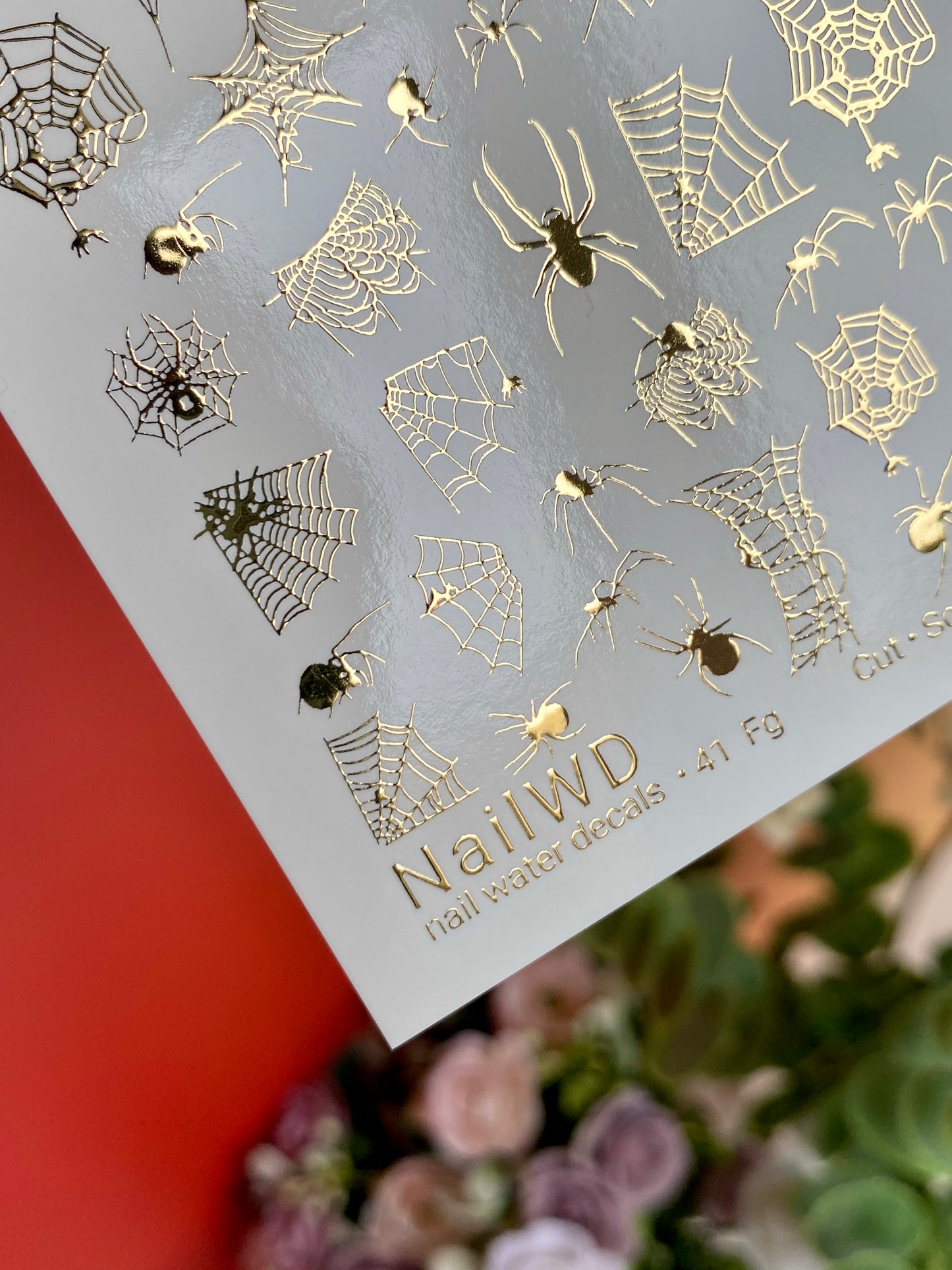 Calcomanía de agua para uñas 41 NailWD | Calcomanías deslizantes de agua para uñas de Halloween | Arañas y telarañas en foil dorado