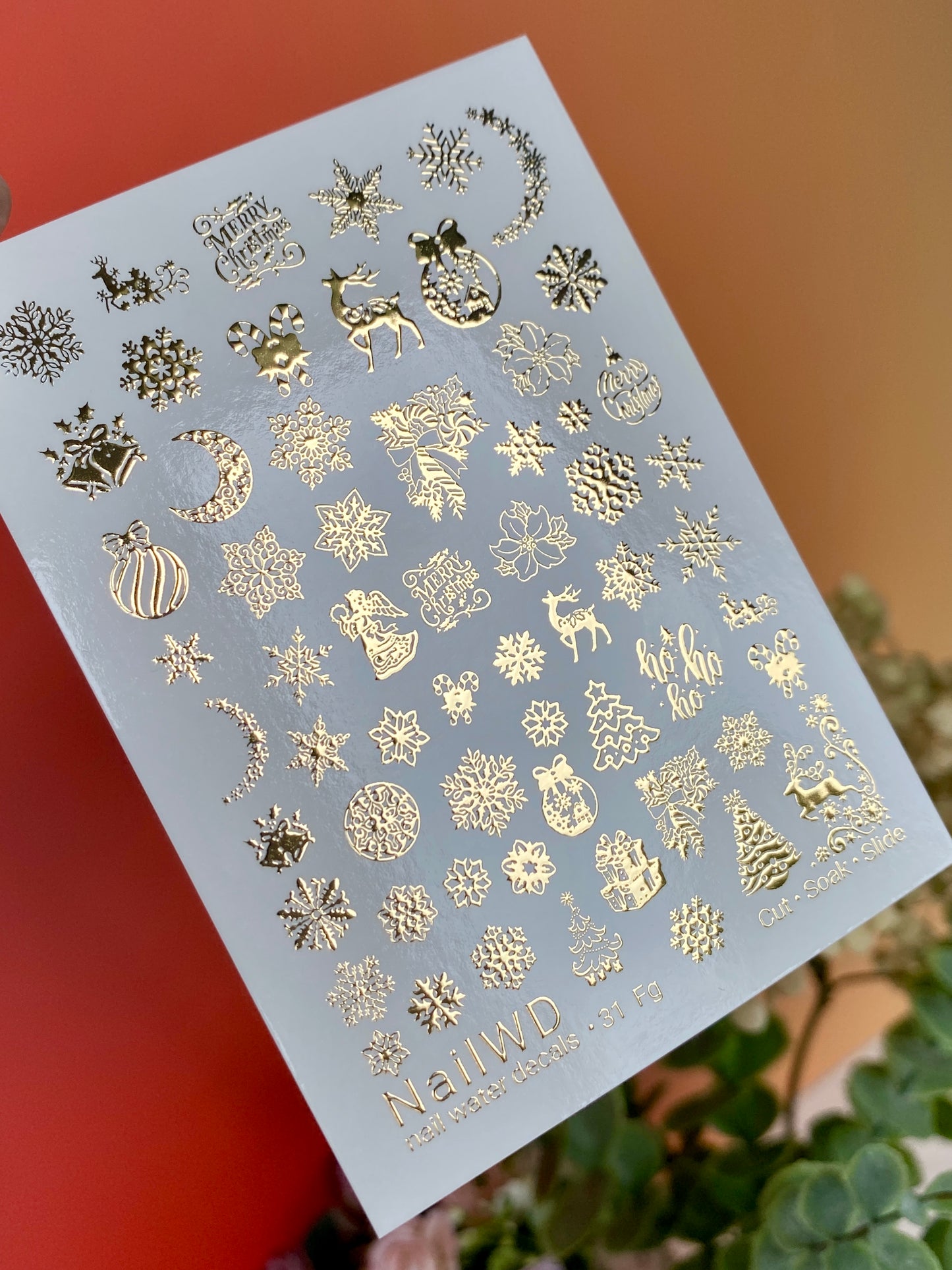 Calcomanía de agua para uñas 31 NailWD | Calcomanías de agua para uñas de Navidad | Arte de uñas festivo con lámina dorada