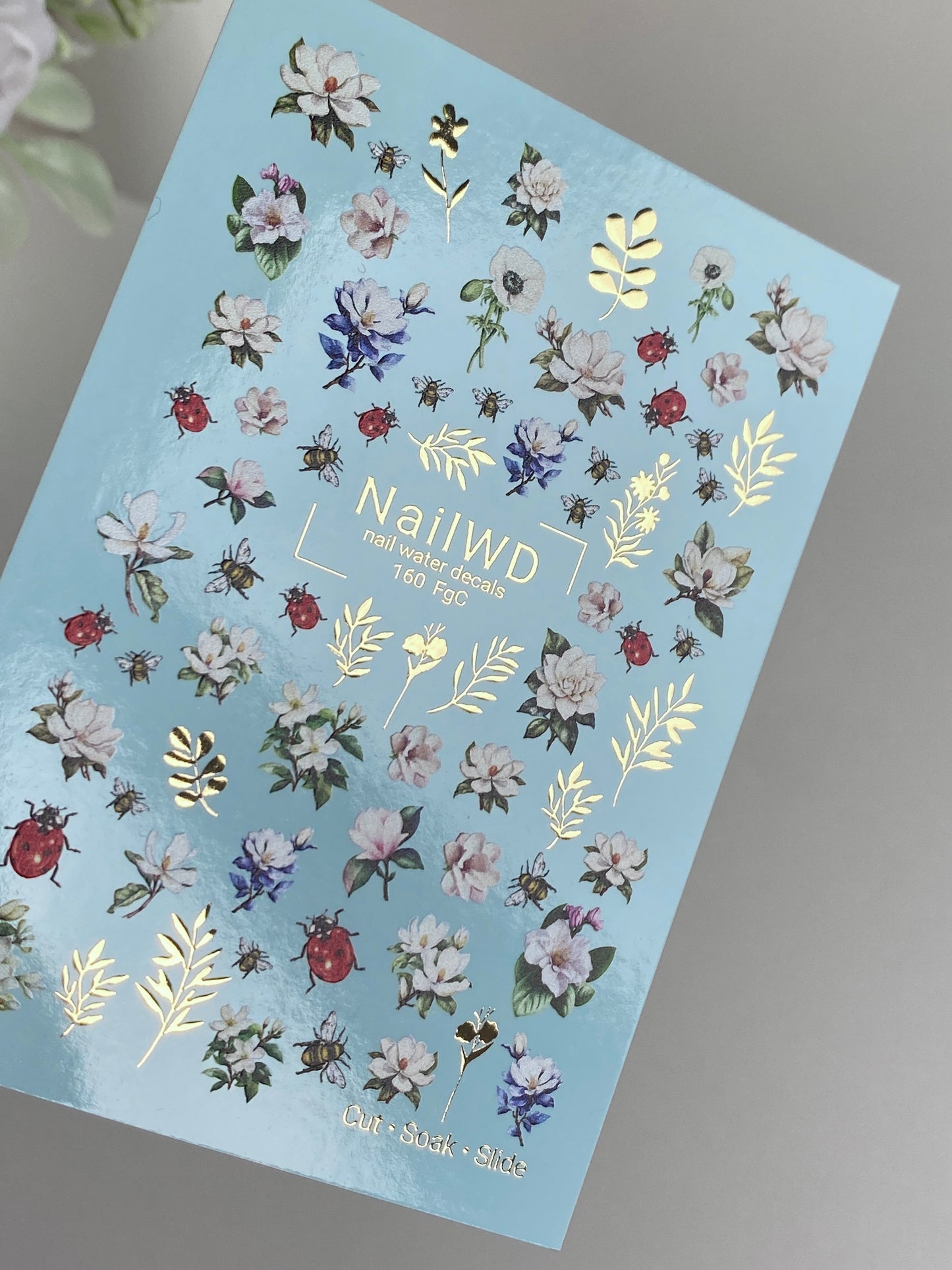 Adesivo de Água para Unhas 160 Nail WD | Adesivos para Unhas com Deslizamento de Água Jardim Floral com Abelhas e Joaninhas | Adesivos de Água para Unhas Design de Flores da Primavera
