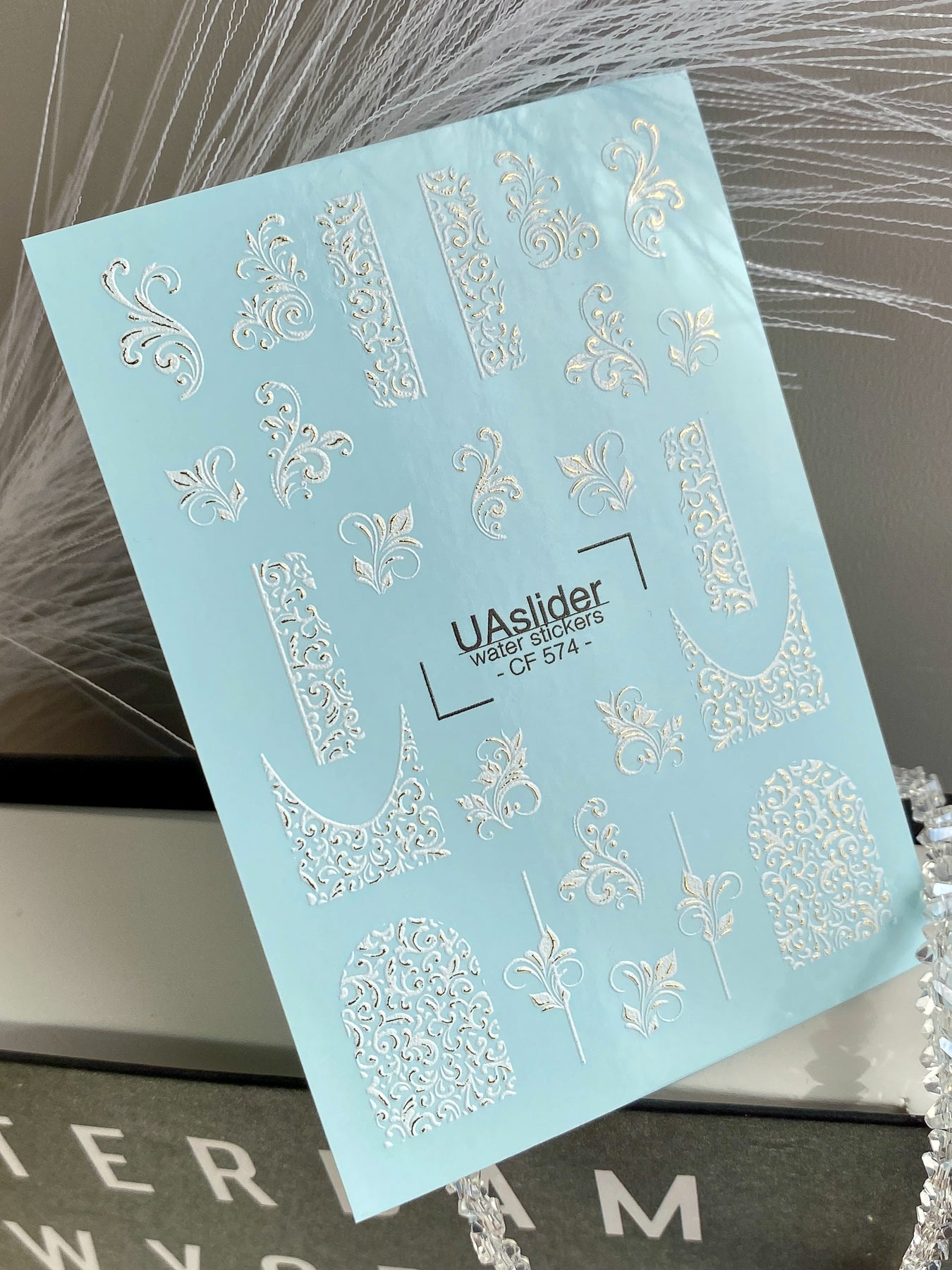 Adesivo para Unhas CF-574 | Adesivos para Unhas Deslizantes com Padrões Barrocos | Arte Ornamental para Unhas Branca