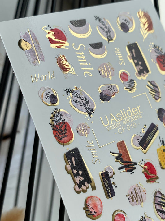 Nail Water Decal CF-010 | Abstract Water Slide Nail Decals, Minimalist Shapes with Gold Foil Accents
