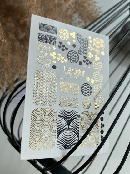 Nail Water Decal CF-060 | Geometric Nail Water Decals | Japanese Waves and Gold Foil Patterns