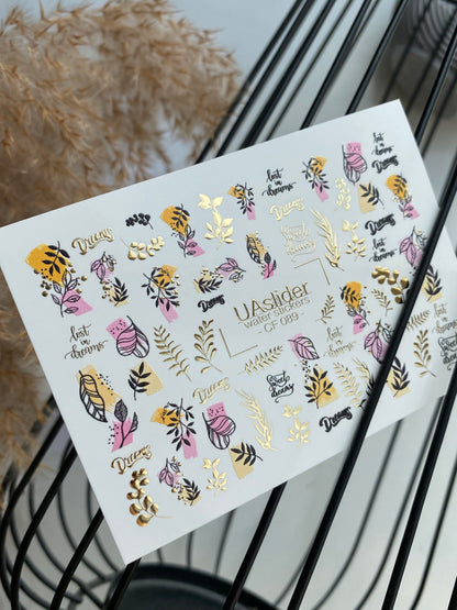 Nail Water Decal CF-089 | Dreamy Botanical Water Slide Nail Decals | Abstract Leaves & Gold Accents