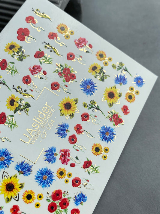 Nail Water Decal CF-094 | Poppies, Cornflowers & Sunflowers Nail Art Stickers | Summer Floral Water Slide Decals