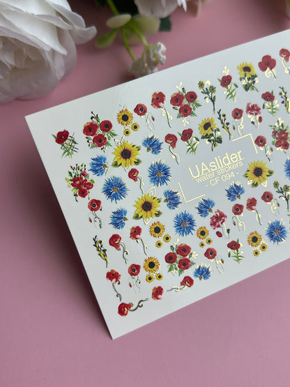 Nail Water Decal CF-094 | Poppies, Cornflowers & Sunflowers Nail Art Stickers | Summer Floral Water Slide Decals