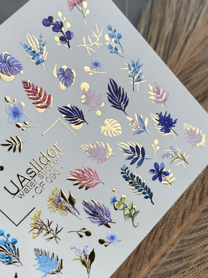 Nail Water Decal CF-096 | Tropical & Botanical Nail Art Stickers | Colorful Leaves & Floral Water Slide Decals with Gold Foil