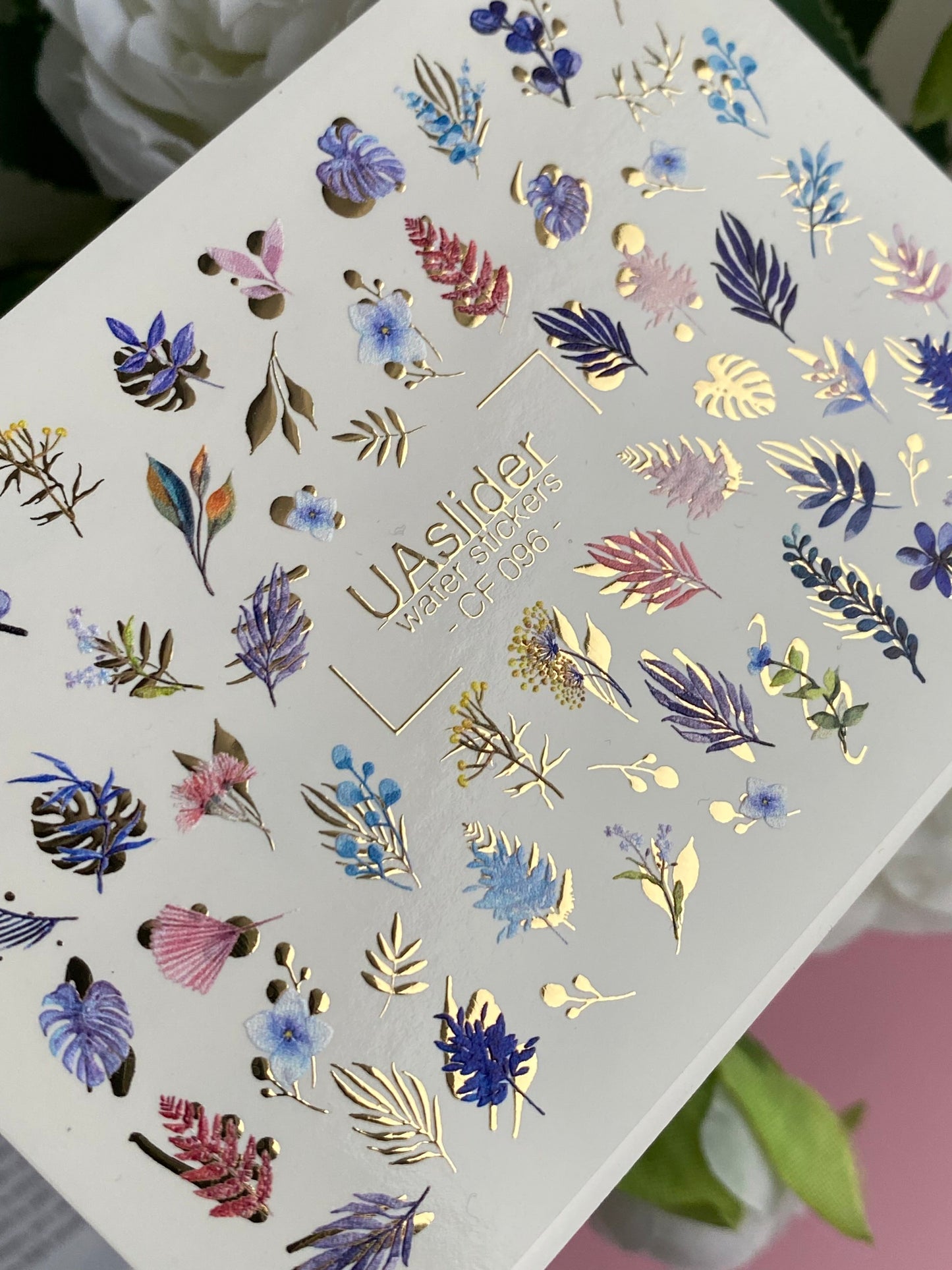 Nail Water Decal CF-096 | Tropical & Botanical Nail Art Stickers | Colorful Leaves & Floral Water Slide Decals with Gold Foil