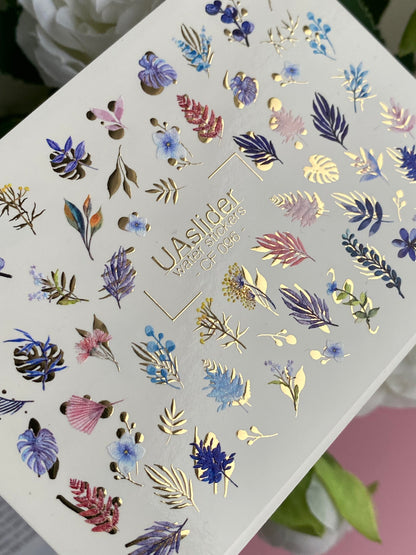 Nail Water Decal CF-096 | Tropical & Botanical Nail Art Stickers | Colorful Leaves & Floral Water Slide Decals with Gold Foil