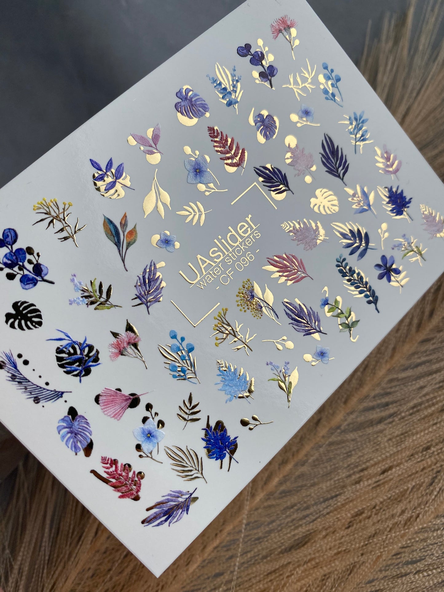 Nail Water Decal CF-096 | Tropical & Botanical Nail Art Stickers | Colorful Leaves & Floral Water Slide Decals with Gold Foil