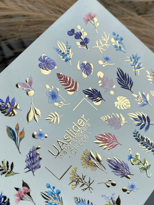 Nail Water Decal CF-096 | Tropical & Botanical Nail Art Stickers | Colorful Leaves & Floral Water Slide Decals with Gold Foil