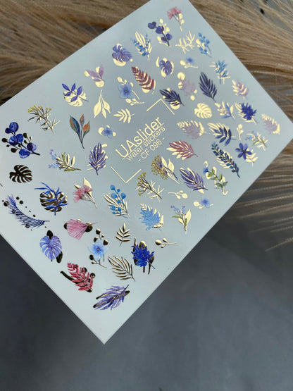 Nail Water Decal CF-096 | Tropical & Botanical Nail Art Stickers | Colorful Leaves & Floral Water Slide Decals with Gold Foil