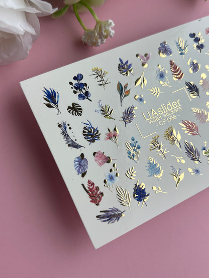 Nail Water Decal CF-096 | Tropical & Botanical Nail Art Stickers | Colorful Leaves & Floral Water Slide Decals with Gold Foil