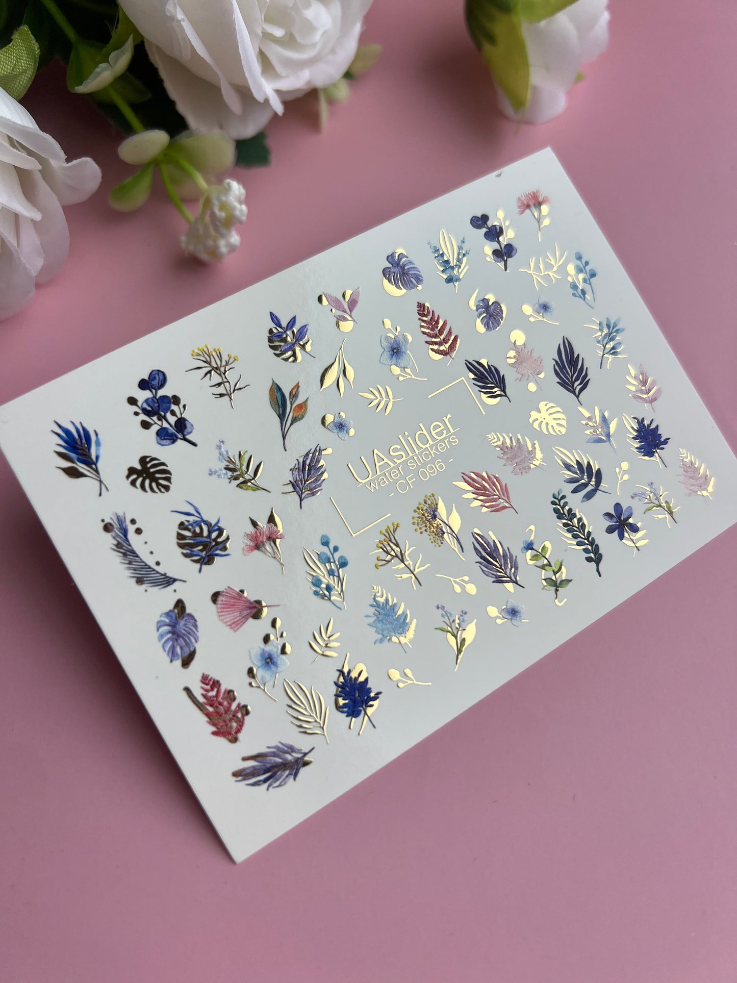 Nail Water Decal CF-096 | Tropical & Botanical Nail Art Stickers | Colorful Leaves & Floral Water Slide Decals with Gold Foil