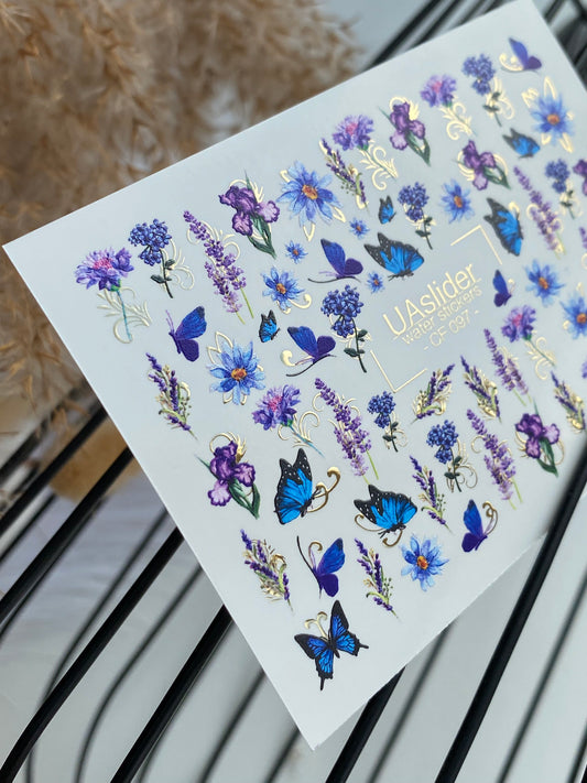 Nail Water Decal CF-097 | Floral Nail Art Stickers with Butterflies | Purple & Blue Flowers Water Slide Decals with Gold Foil