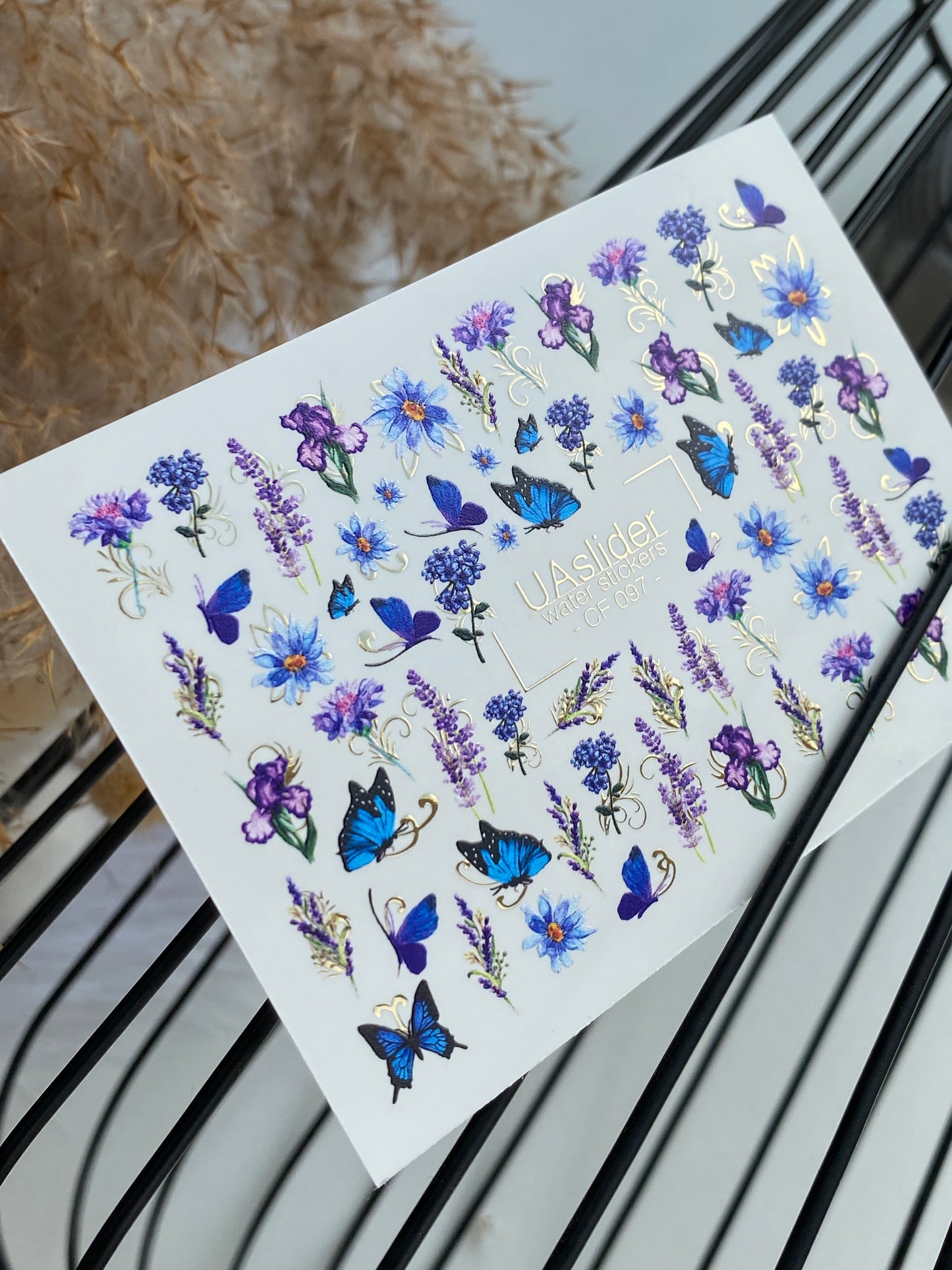 Nail Water Decal CF-097 | Floral Nail Art Stickers with Butterflies | Purple & Blue Flowers Water Slide Decals with Gold Foil