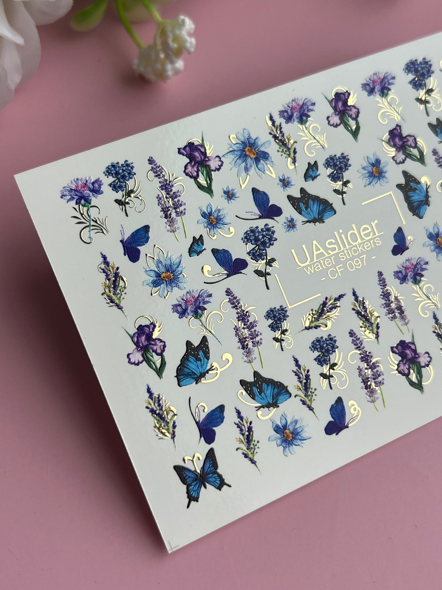 Nail Water Decal CF-097 | Floral Nail Art Stickers with Butterflies | Purple & Blue Flowers Water Slide Decals with Gold Foil