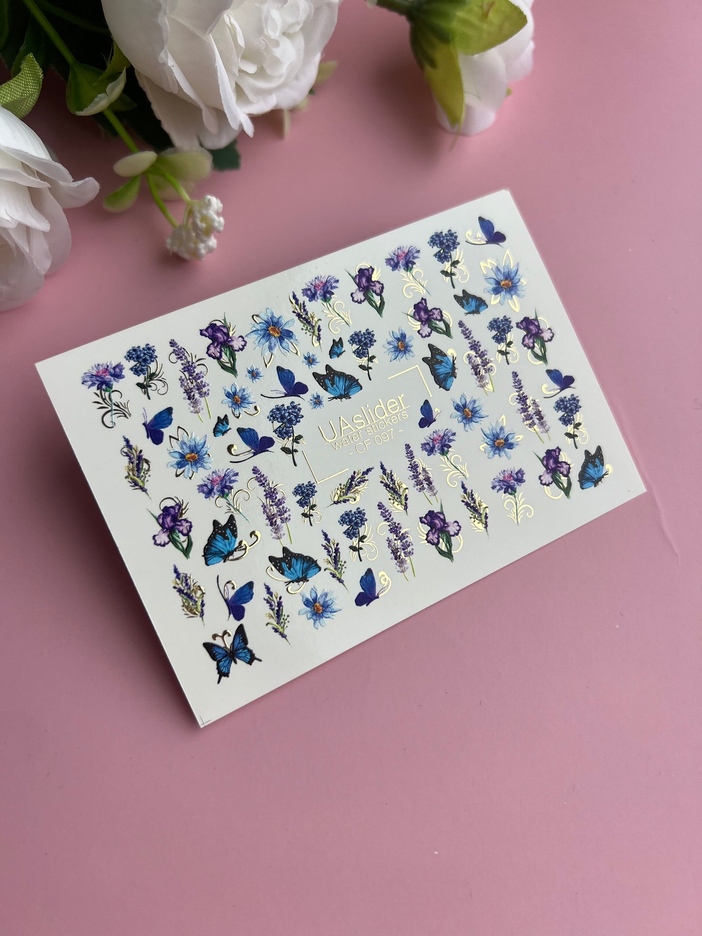 Nail Water Decal CF-097 | Floral Nail Art Stickers with Butterflies | Purple & Blue Flowers Water Slide Decals with Gold Foil