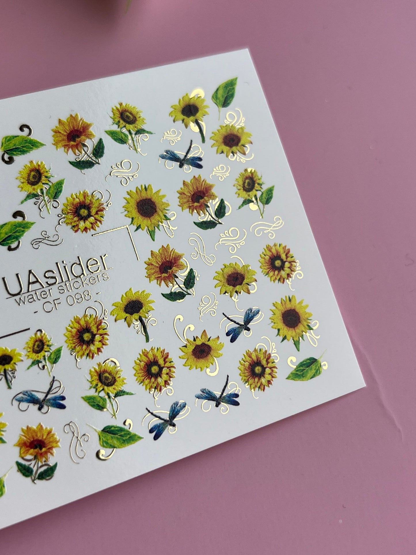 Nail Water Decal CF-098 | Sunflower Nail Stickers with Dragonflies | Yellow Floral Water Slide Decals with Gold Foil