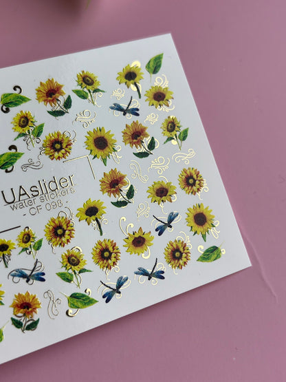 Nail Water Decal CF-098 | Sunflower Nail Stickers with Dragonflies | Yellow Floral Water Slide Decals with Gold Foil